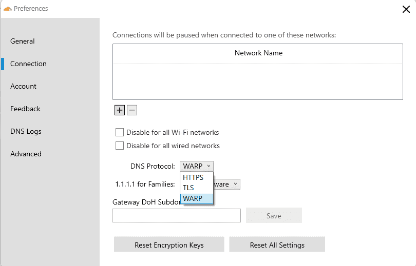 Warp connection settings